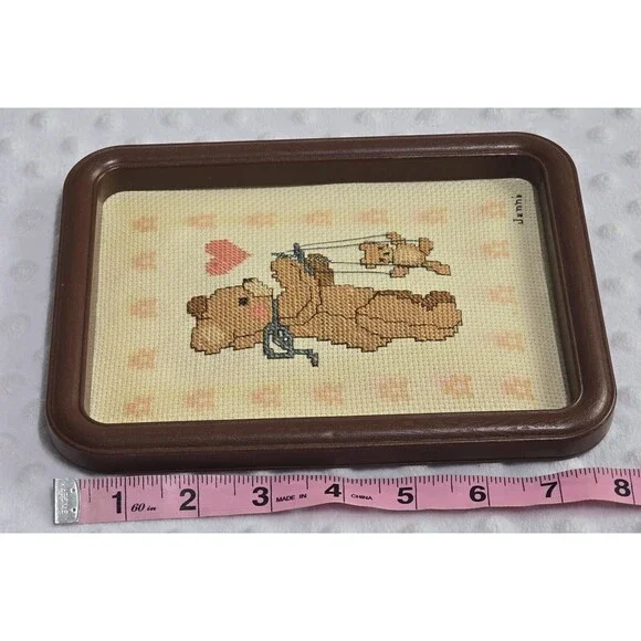 Framed Teddy Bear Cross Stitch Frame Vintage Nursery 1980's Decor Cottagecore - Picture 10 of 12